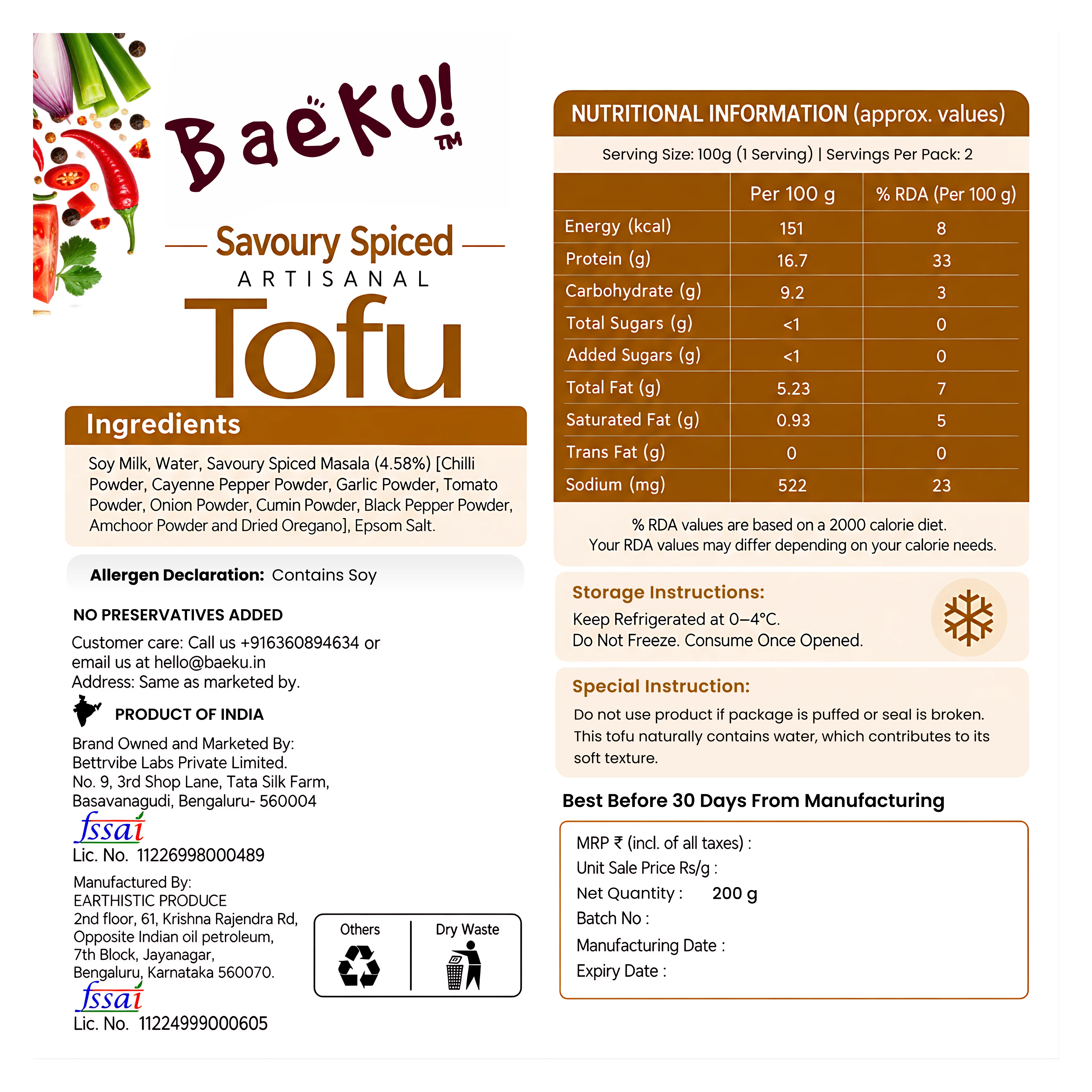 Baeku Savoury Spiced Tofu - back