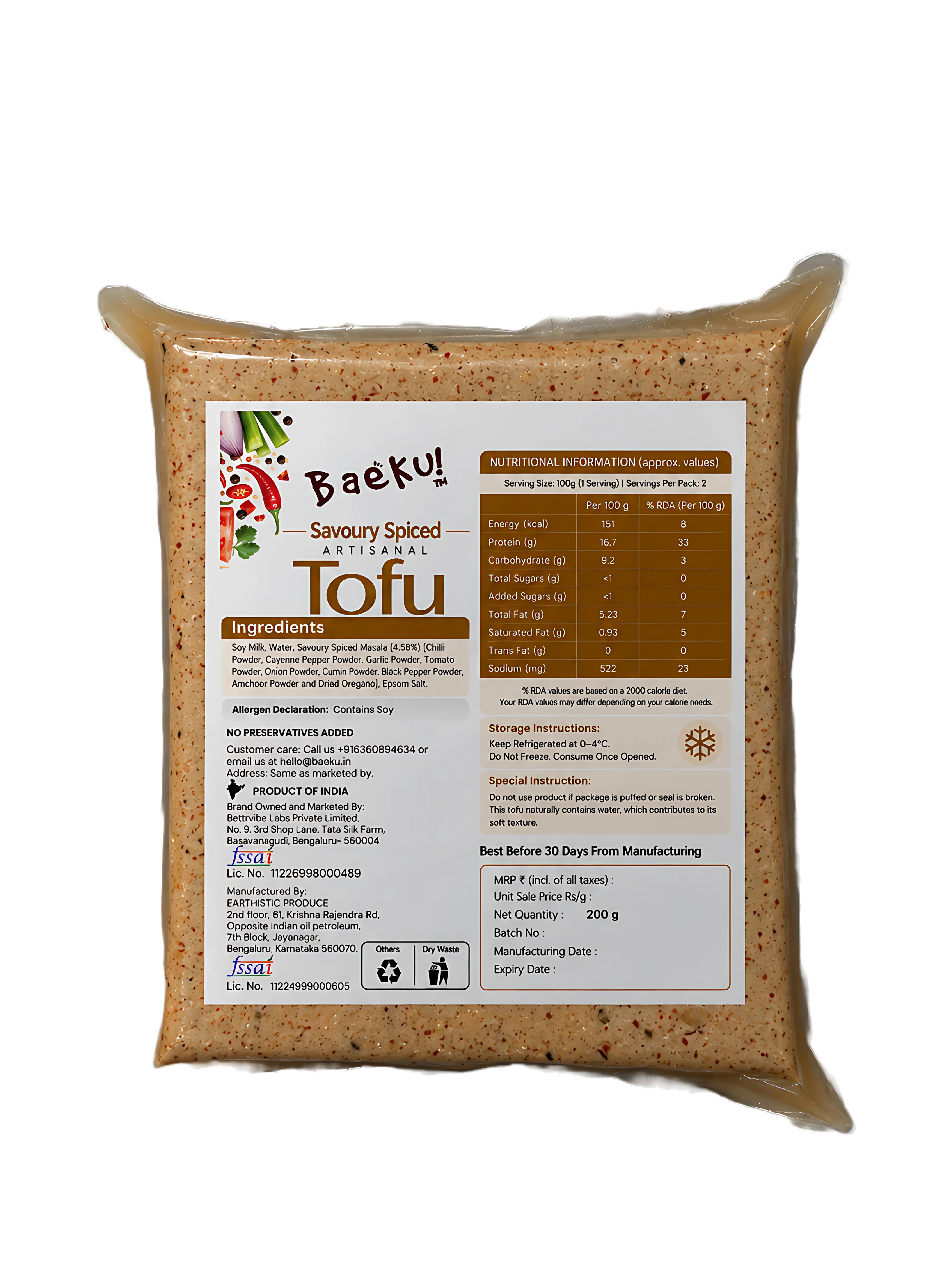 Baeku Savoury Spiced Tofu - back pack