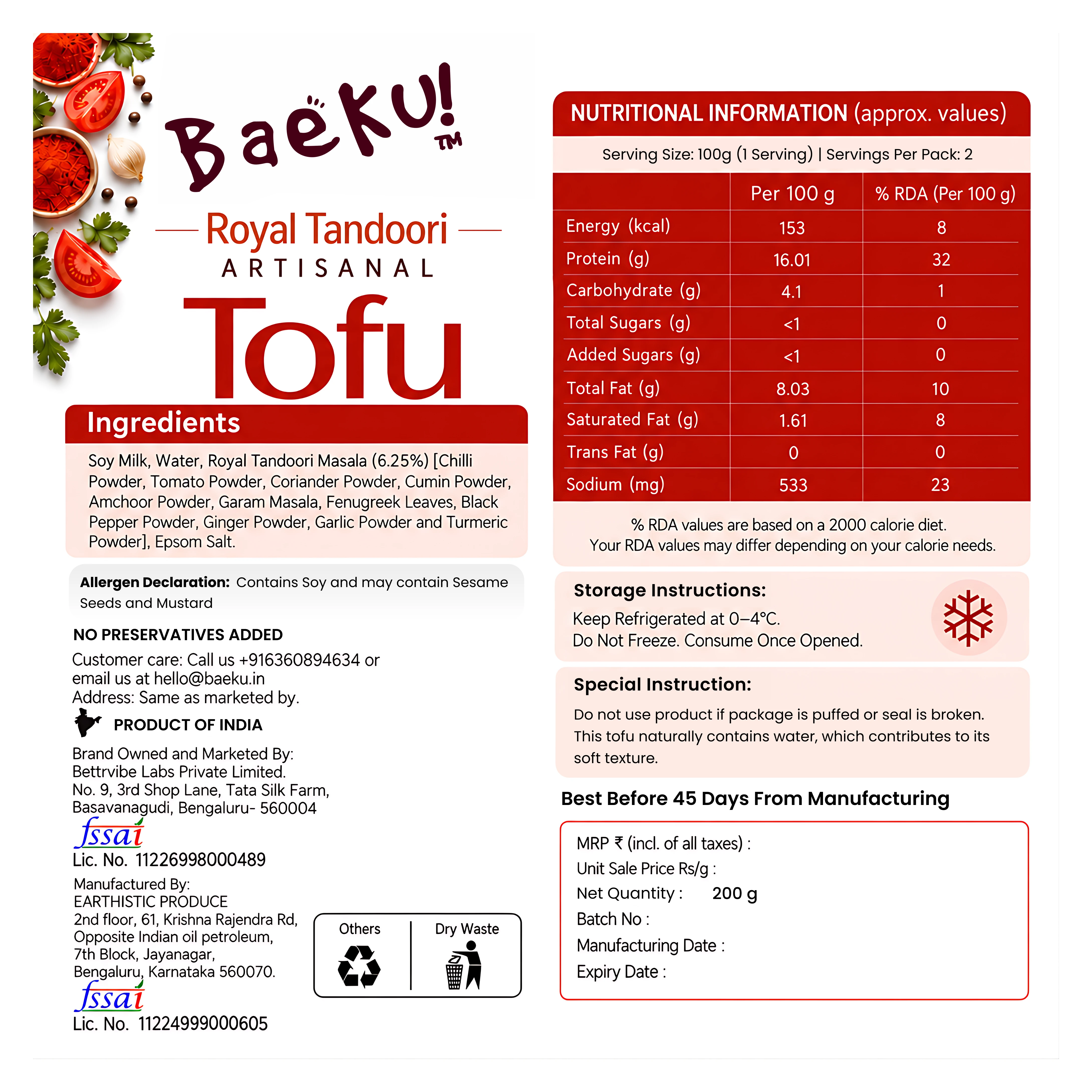 Baeku Royal Tandoori Tofu - back