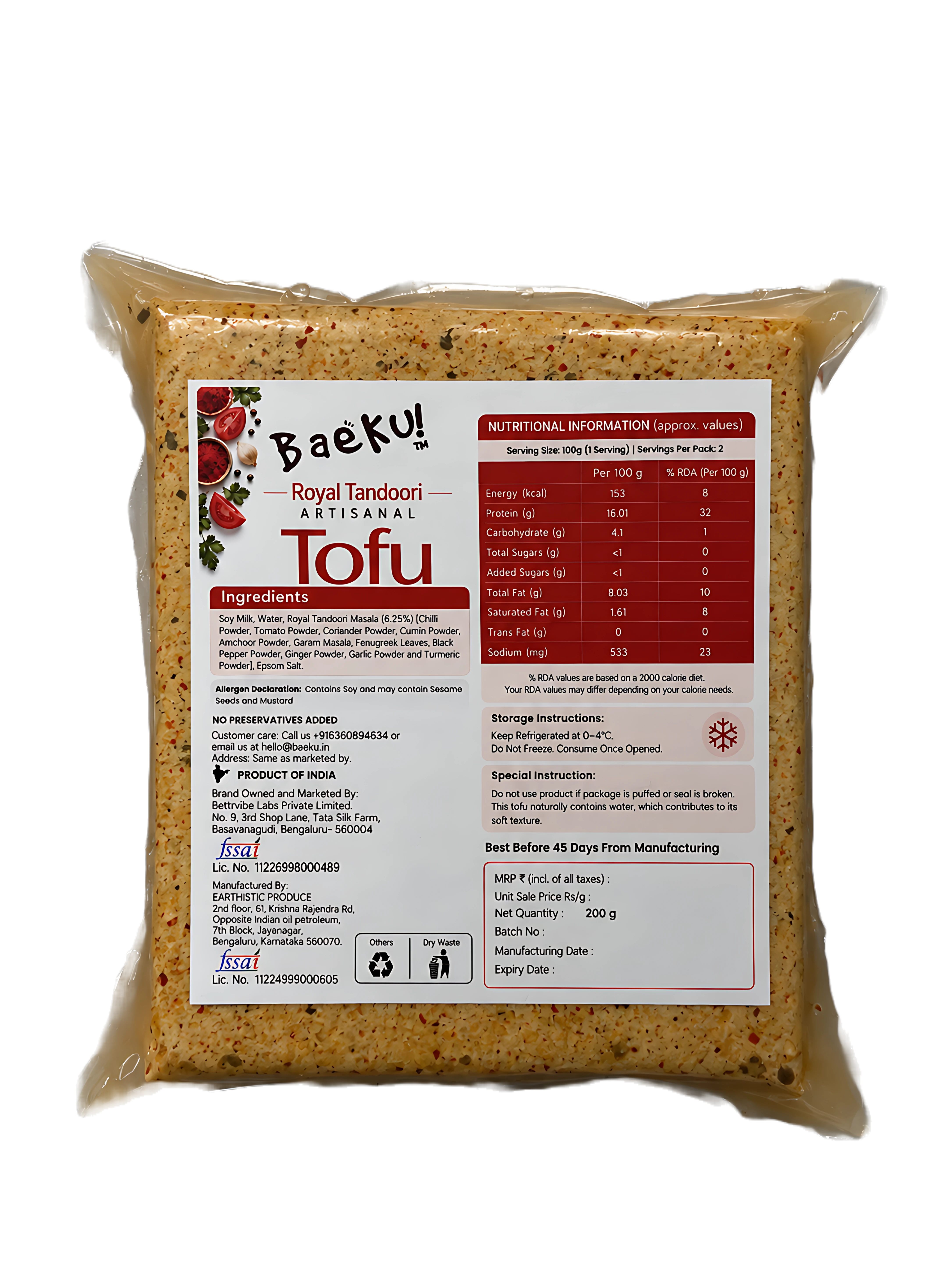 Baeku Royal Tandoori Tofu - back pack